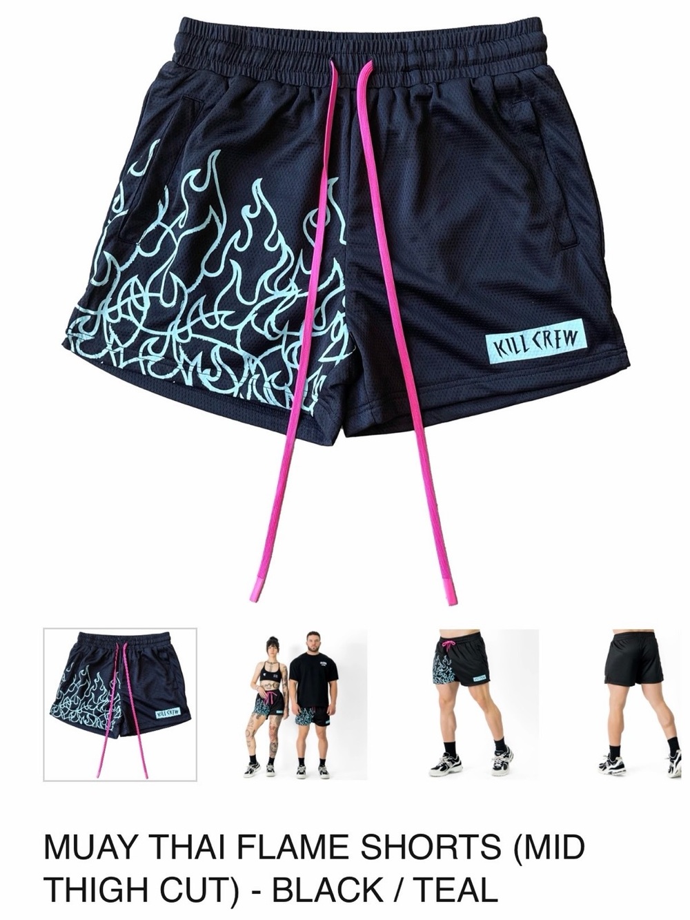 Kill Crew Martial Arts MUAY THAI FLAME SHORTS (MID THIGH CUT) - BLACK / TEAL